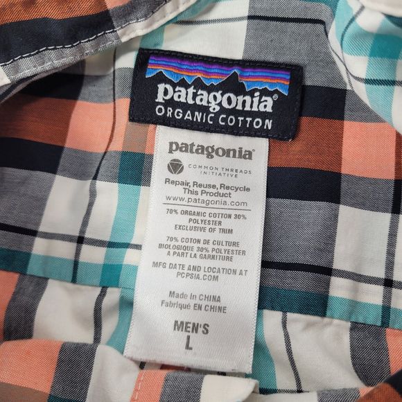 Patagonia Men's Large White Green Orange Black Plaid Button Up Cotton Polyester - Picture 4 of 5